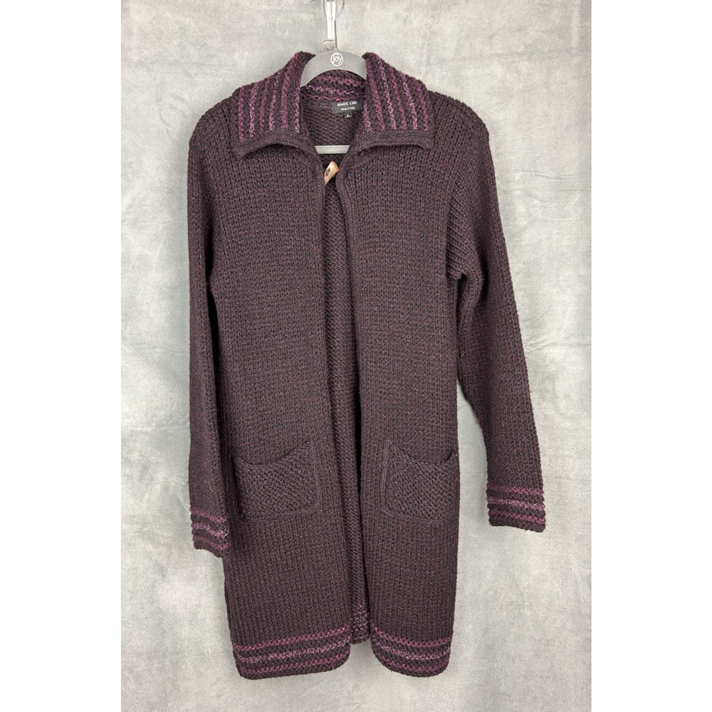 Magic Line Italy Wool Blend Knit Long Cardigan Sweater Size L Deep Purple Boho